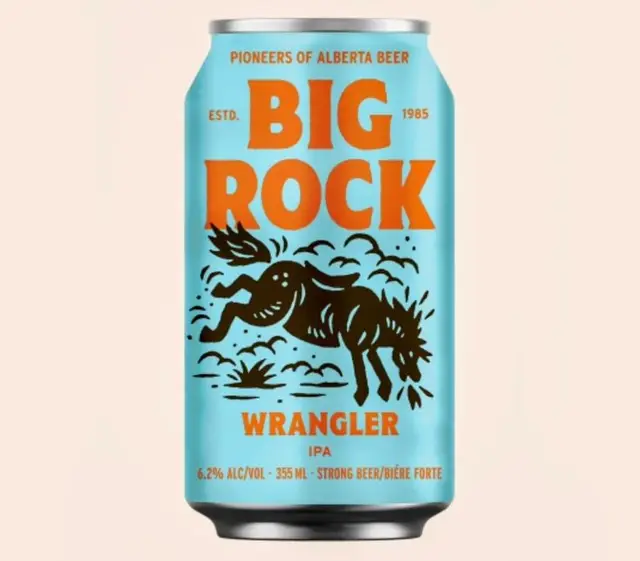 Big Rock Wrangler IPA — turquoise can with orange typography and bucking-horse graphic