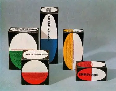 Mid-century geometric pharmaceutical packaging — black boxes with colored circular labels