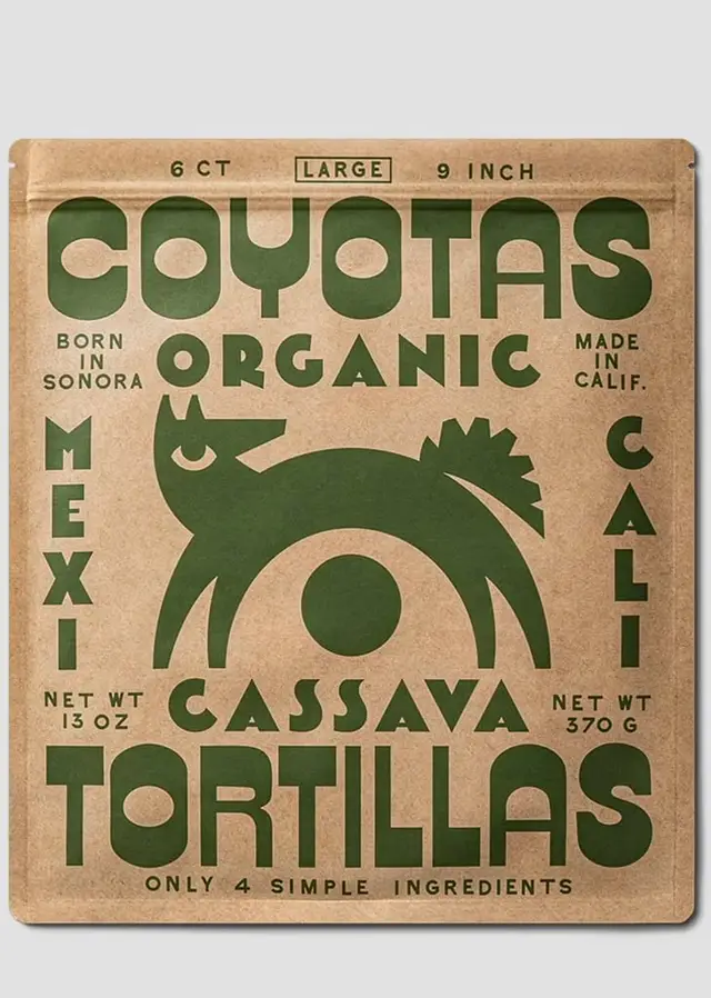 Coyotas organic cassava tortillas kraft pouch with green coyote graphic