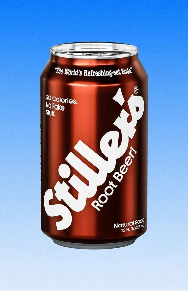 Stillup's Root Beer can on blue gradient background