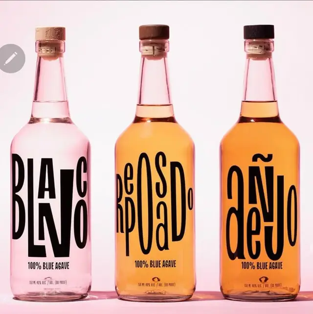 Three tequila bottles — Blanco, Reposado, Añejo with bold typographic labels