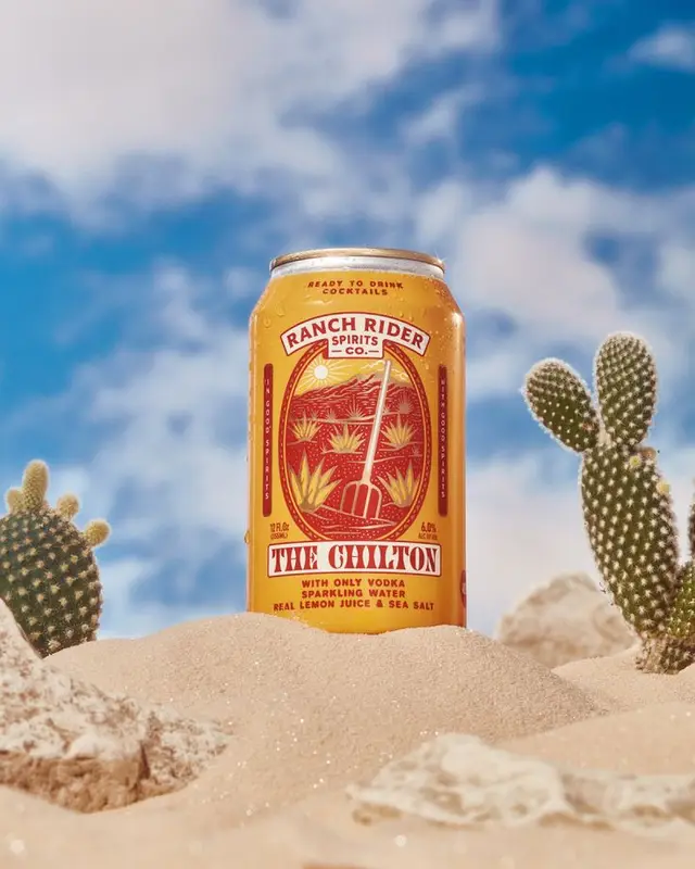 Ranch Rider Spirits Co. 'The Chilton' canned cocktail in desert setting
