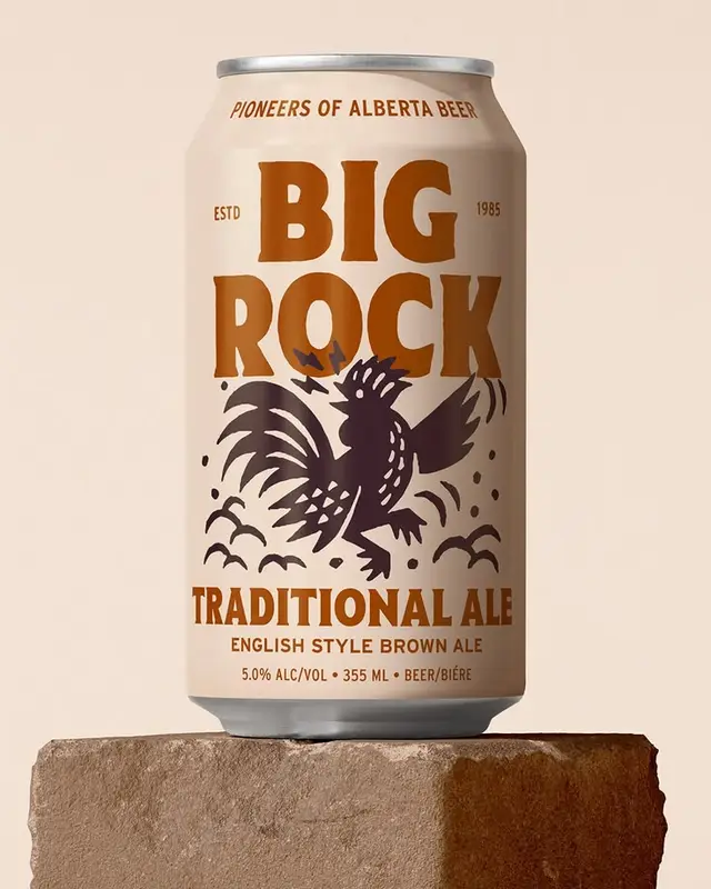 Big Rock Traditional Ale — beige can with rooster illustration