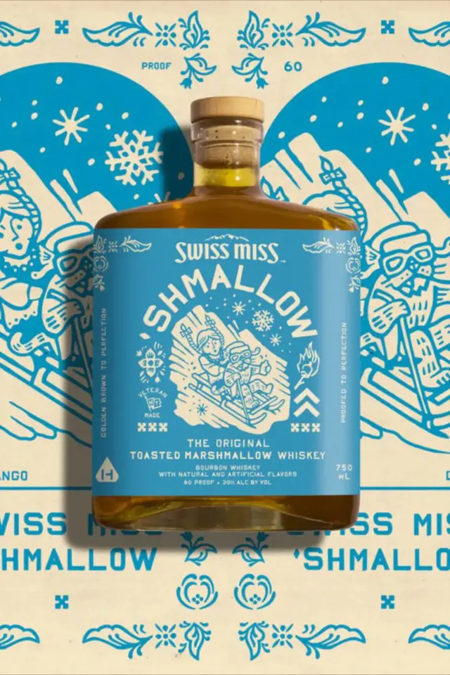 Swiss Miss 'Shmallow' — Toasted Marshmallow Bourbon Whiskey, blue illustrated bottle label
