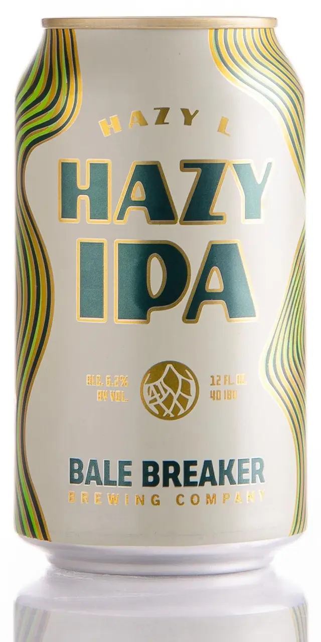Bale Breaker Hazy IPA — white aluminum can with teal lettering and gold accents