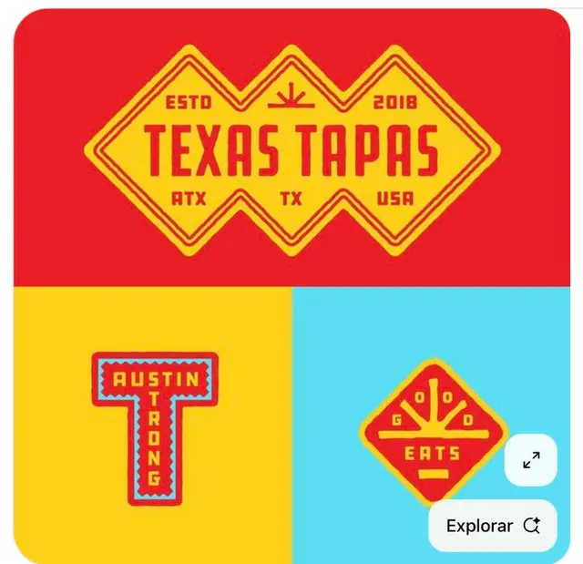 Texas Tapas brand badge set — yellow/red diamond logos with Austin T patch
