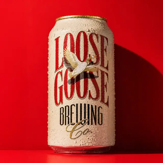 Loose Goose Brewing Co. beer can — vintage serif label on red background