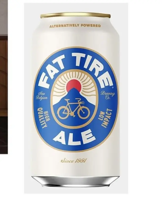 Fat Tire Ale can — white can with blue oval bicycle badge (New Belgium)