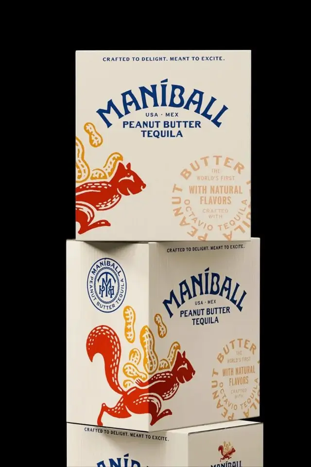 Maníball Peanut Butter Tequila stacked retail packaging with red squirrel illustration
