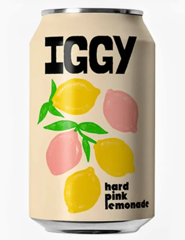 IGGY hard pink lemonade — cream can with illustrated yellow and pink lemons