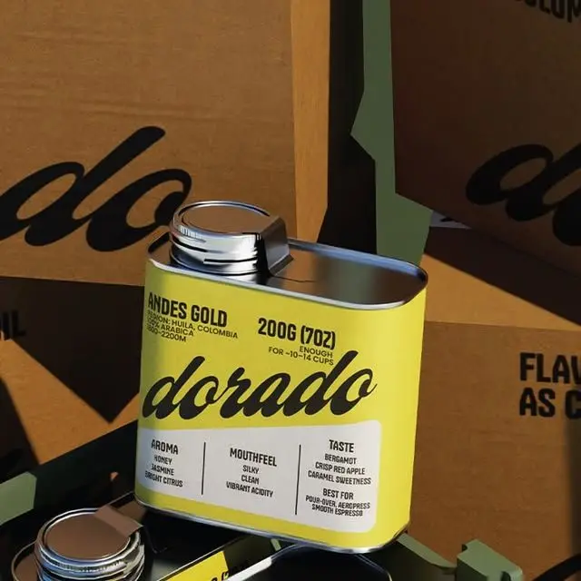Dorado yellow metal coffee tin — Andes Gold 200g single-origin packaging