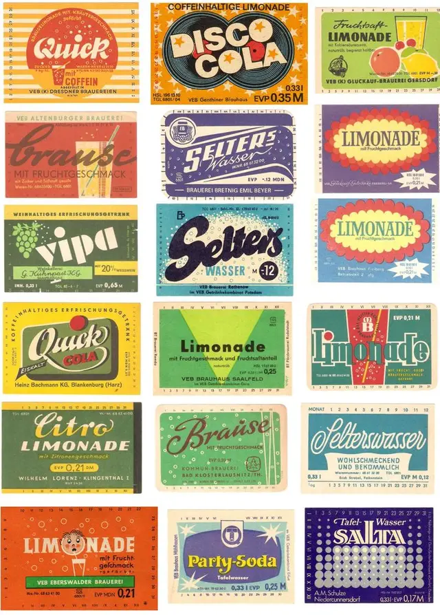 Grid of 20 vintage East German soda and lemonade labels — mid‑century packaging
