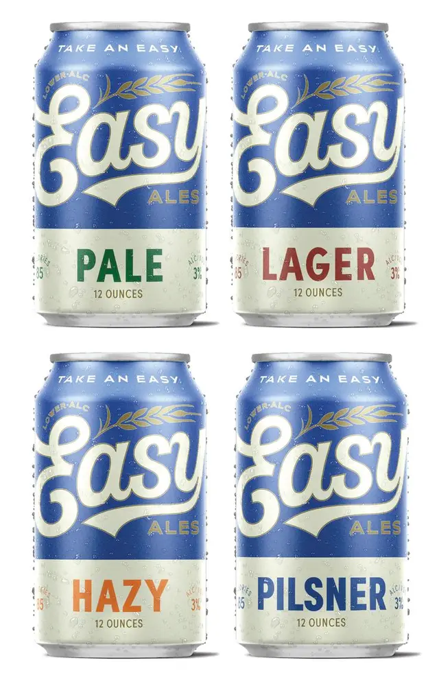 Easy Ales beer can lineup — Pale, Lager, Hazy, Pilsner (blue & cream 12oz cans)