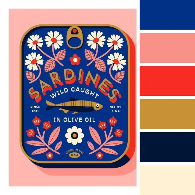 Retro Floral Sardines Tin Illustration — Navy & Coral Packaging Design