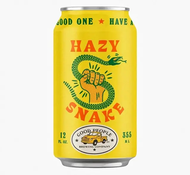 Hazy Snake beer can — Good People Brewing Company, yellow can with snake and fist artwork