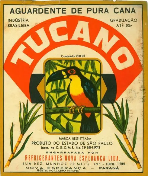 Vintage Brazilian liquor label 'Tucano' with toucan and sugarcane