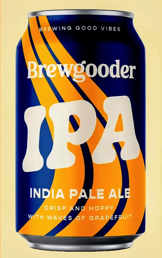 Brewgooder IPA can — navy can with wavy orange stripes