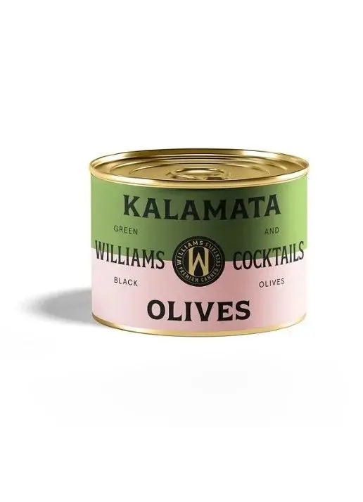 Two-tone Kalamata Olives tin with Williams Cocktails label