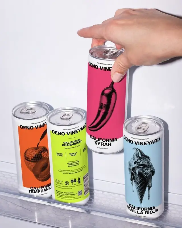 Oeno Vineyard canned California wines — Syrah, Chardonnay, Tempranillo, Vanilla Rioja