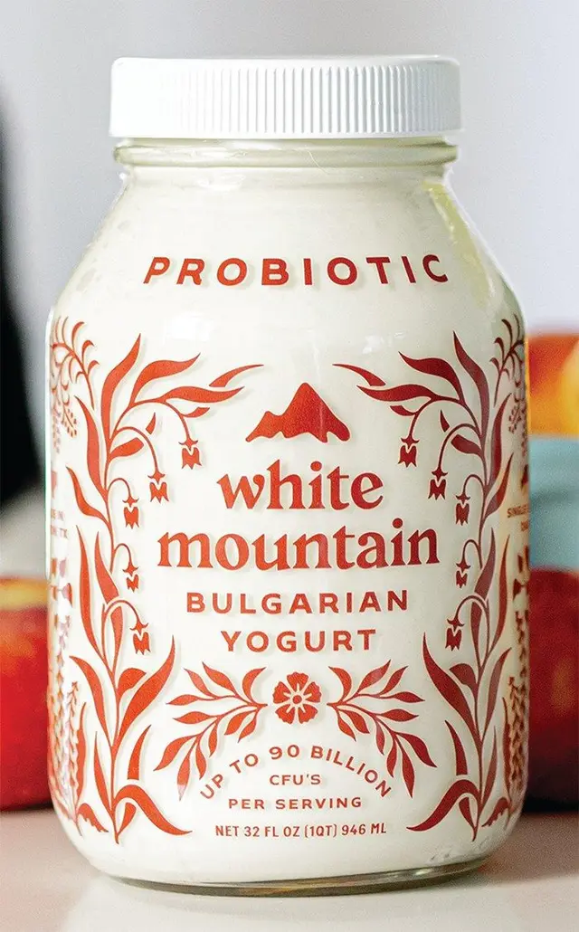 White Mountain Bulgarian Yogurt — probiotic glass jar with botanical label