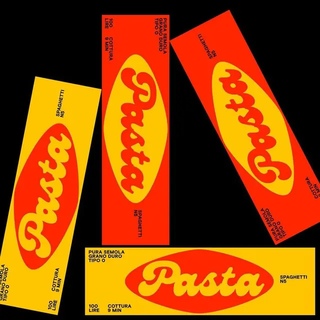 Retro red-and-yellow pasta packaging with oval 'Pasta' logo
