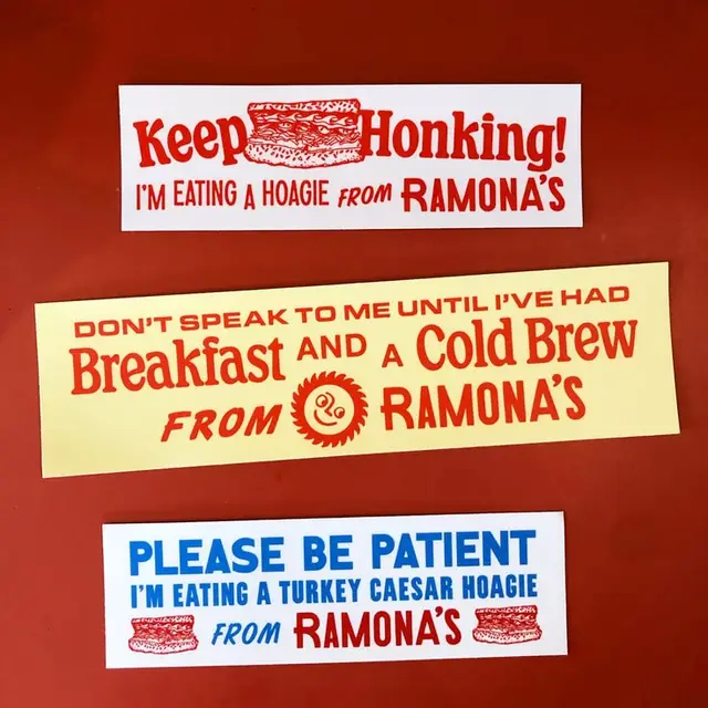 Ramona's deli bumper sticker set — retro hoagie & cold brew designs