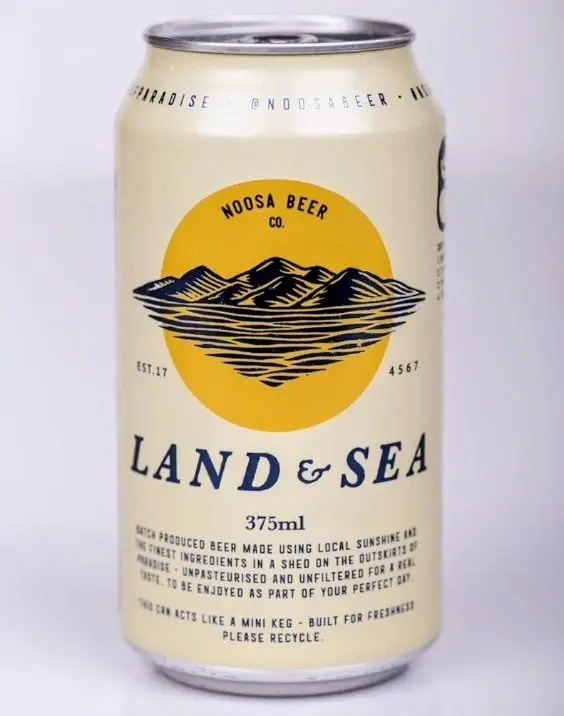 Noosa Beer Co. 375ml 'Land & Sea' beer can — cream, mustard sun, navy mountain logo