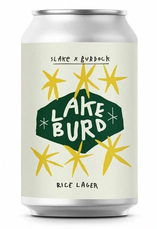 Lake Burd rice lager — illustrative beer can label (Slake x Burdock)