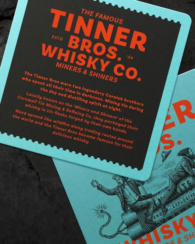 Tinner Bros. Whisky Co. turquoise letterpress coaster — vintage branding