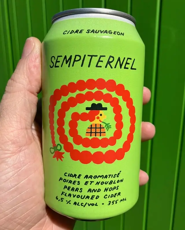 Sempiternel pears & hops cider — lime green can with red spiral illustration