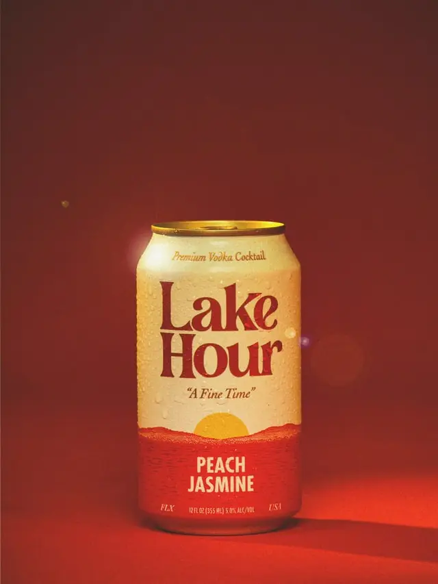 Lake Hour — Peach Jasmine canned vodka cocktail, cream and red can packaging