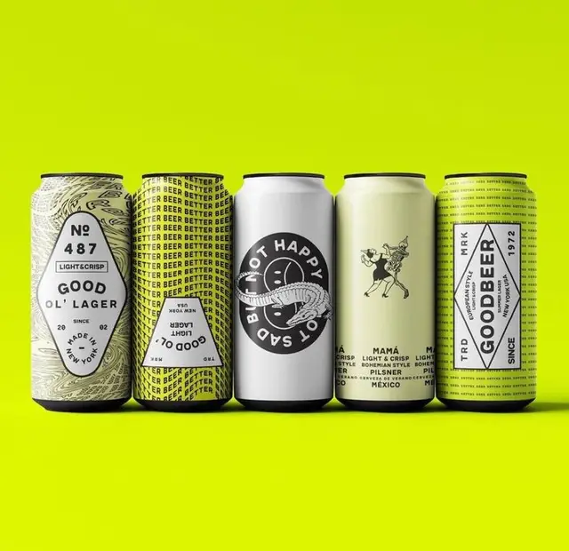 Neon craft beer can lineup — Good Ol' Lager, Goodbeer, 'Not Happy' logo