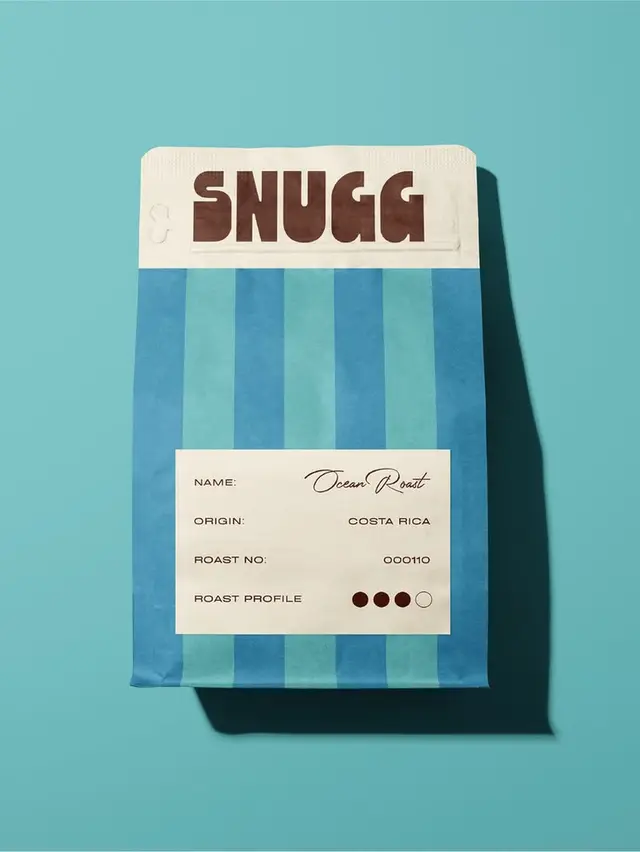 Blue-striped SNUGG coffee bag — 'Ocean Roast' (Costa Rica)