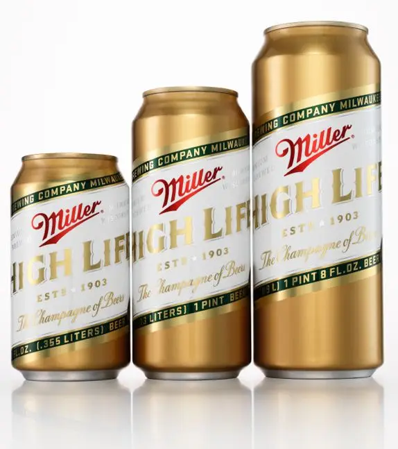 Miller High Life beer cans — three sizes, gold and white packaging