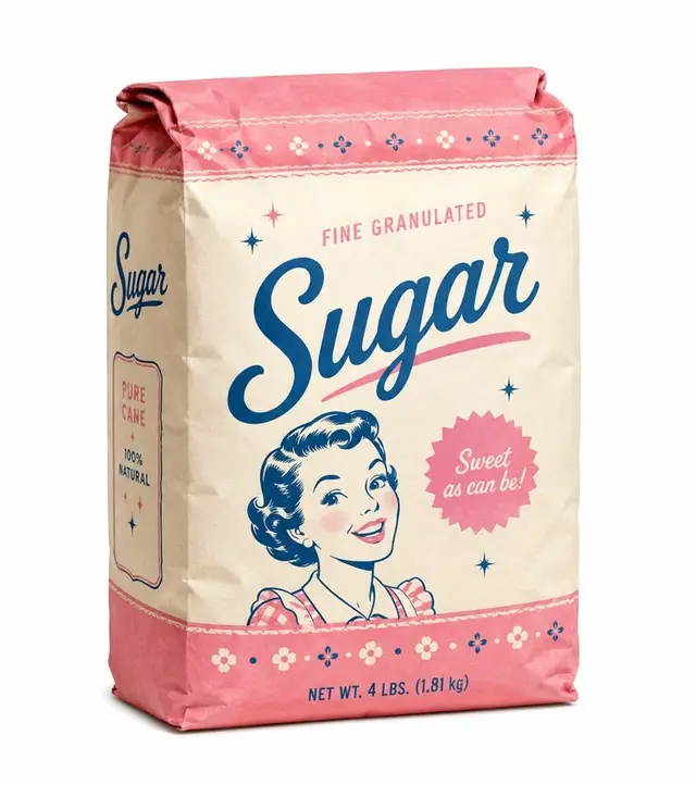 Vintage-style 4 lb sugar bag packaging — pink and navy retro illustration
