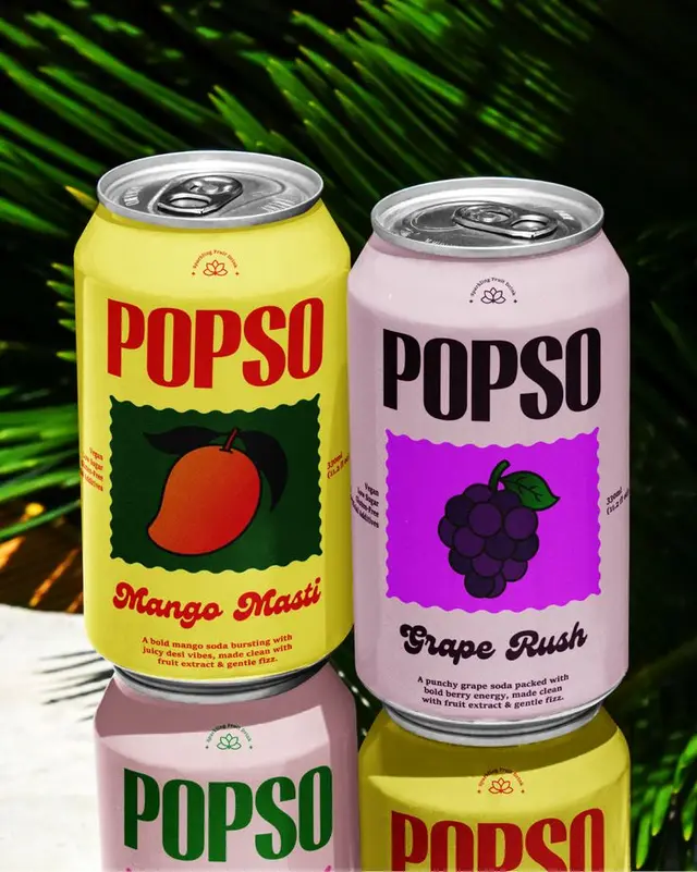 POPSO Mango Masti and Grape Rush soda cans — retro aluminum can packaging