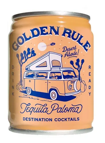 Golden Rule Tequila Paloma canned cocktail — peach retro camper-van label