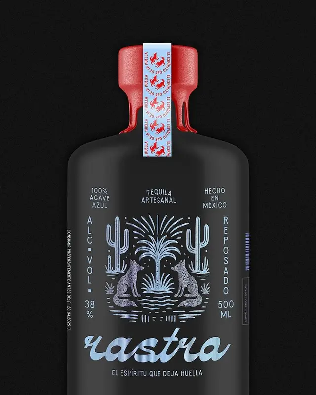 Rastra Reposado tequila — matte black bottle with red wax seal