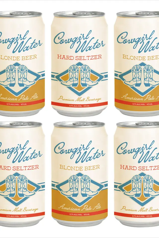 Cowgirl Water cans — Blonde Beer & Hard Seltzer packaging (3x2 grid)
