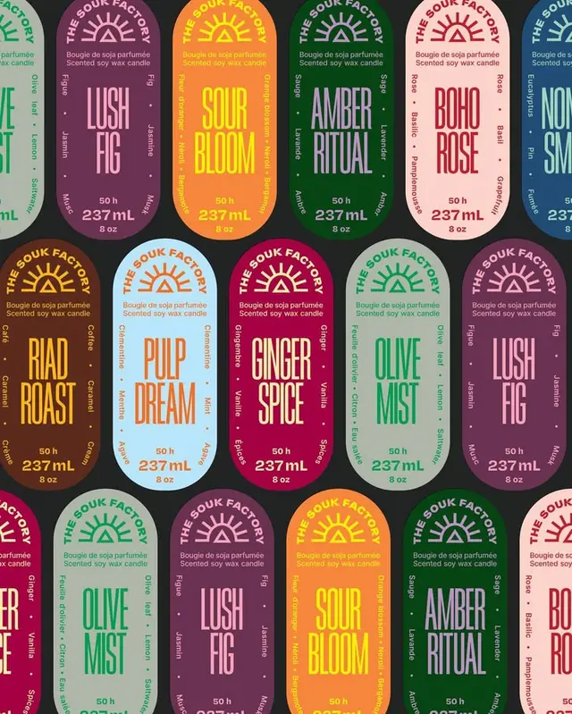 The Souk Factory — colorful oval scented-soy-candle labels (237 mL, 50 h)