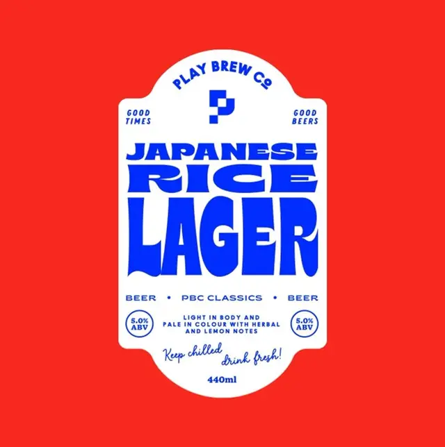 Play Brew Co. Japanese Rice Lager — blue on red beer label
