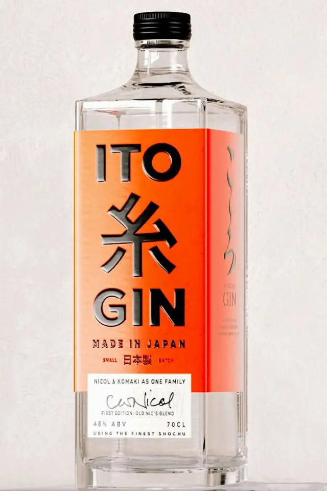 ITO Gin — rectangular glass bottle with bright orange typographic label