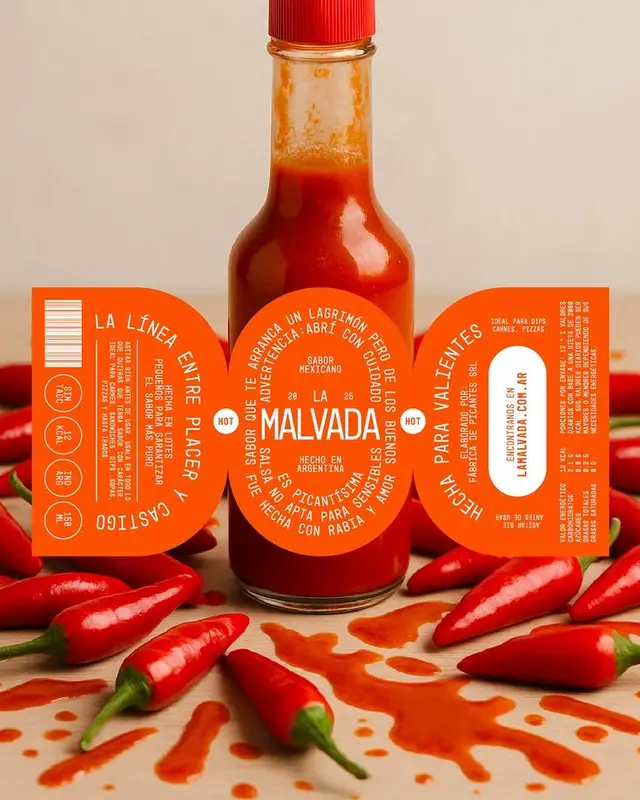 La Malvada hot sauce bottle with bright orange circular label