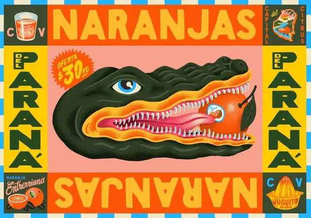Retro citrus crate label: 'NARANJAS' with stylized crocodile and orange