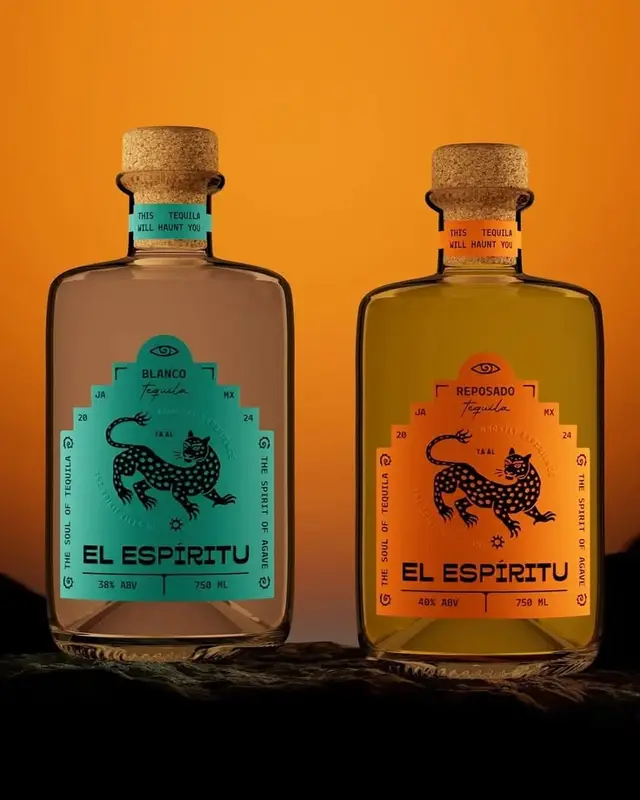El Espiritu Blanco & Reposado tequila bottles with turquoise and orange labels