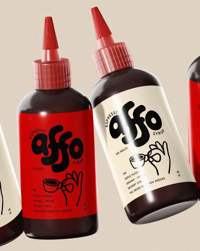 Affo espresso syrup packaging — red and cream squeeze bottles