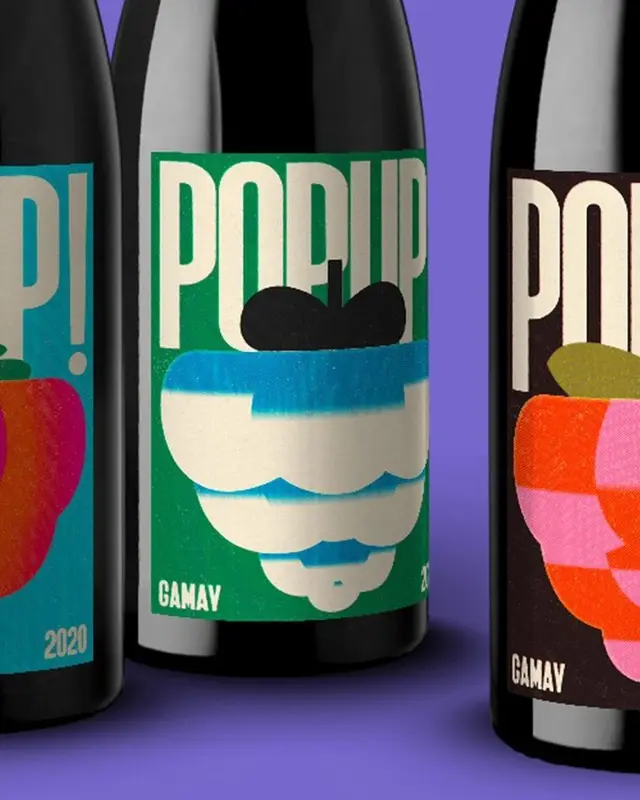 POPUP Gamay wine label series — green label with stylized white-and-blue grape