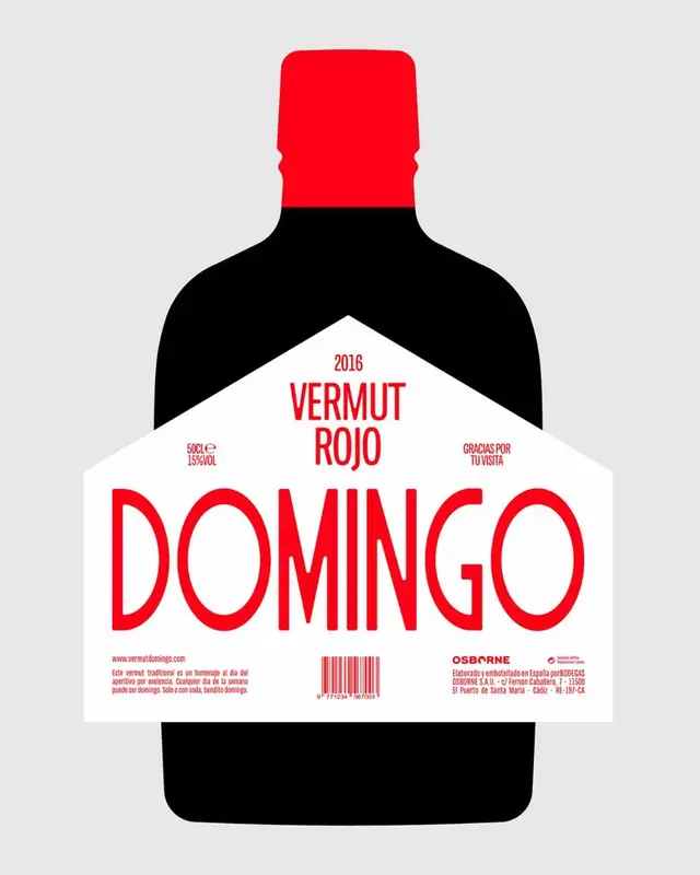 DOMINGO Vermut Rojo — bold red typographic bottle label