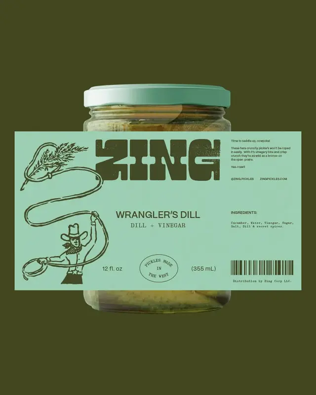 ZING! Wrangler's Dill — mint-green pickle jar label with cowboy lasso