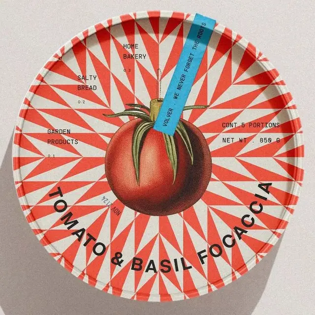 Tomato & Basil Focaccia — retro circular packaging label with radial starburst